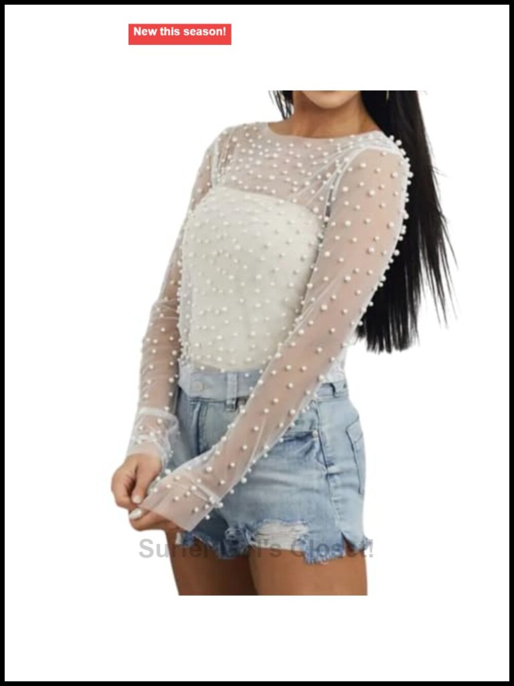 Pearl Mesh Crop Top Long Sleeve Sheer See Through Clubwear Blouse